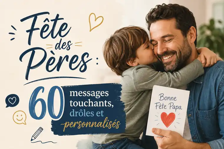 Petit garçon qui embrasse son papa souriant tenant une carte Bonne Fête Papa, idées de texte fête des pères