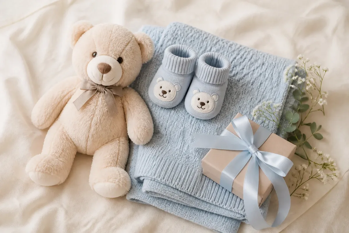 Cadeau de naissance pour un garçon : doudou, coffret et gourmette - Assortis Moi