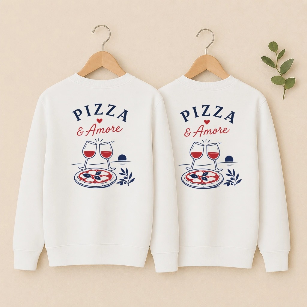 Sweat Couple - Pizza & Amore duo assorti blanc motif dos