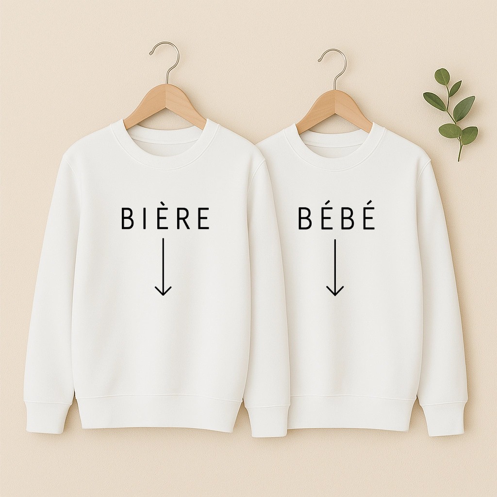 Sweat couple Bébé et Bière, les deux en blanc