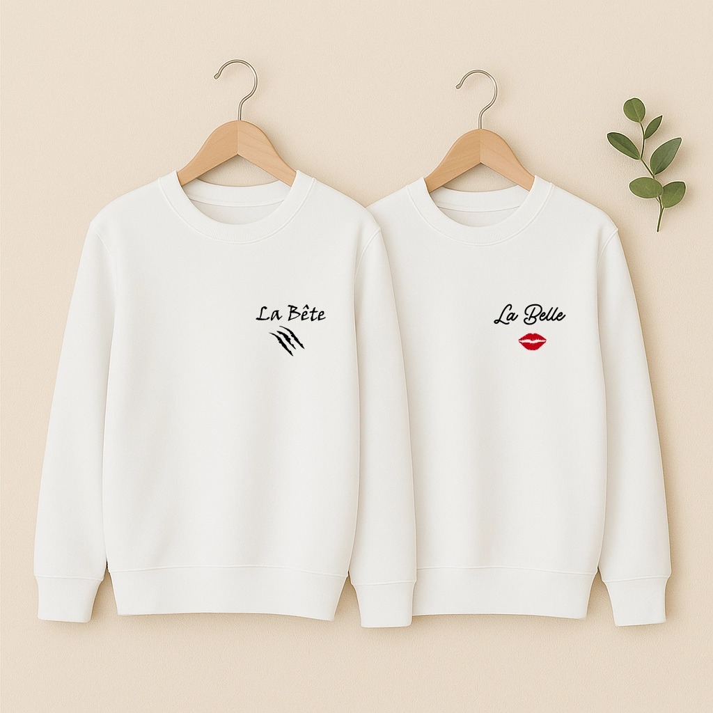 Sweat couple La Belle et la Bête, les deux en blanc