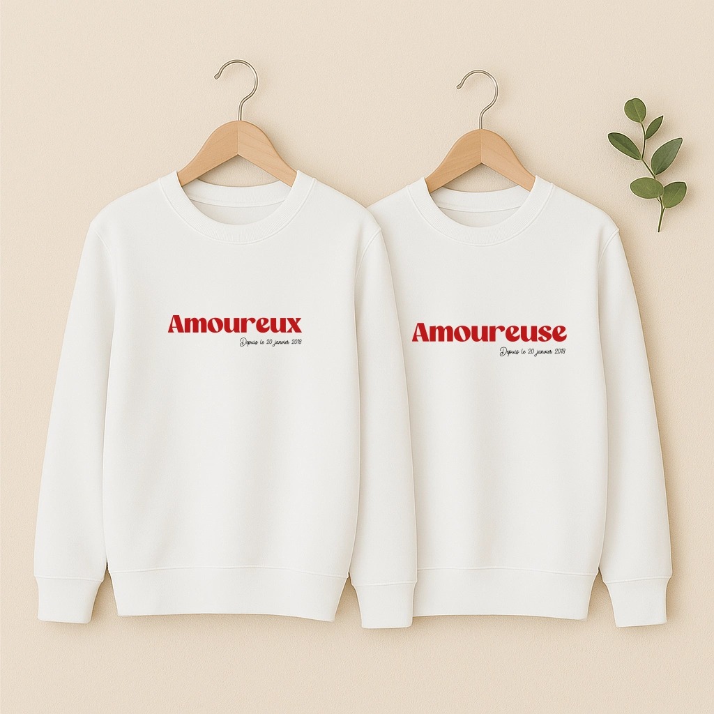 Sweat couple personnalisable Amoureux Amoureuse depuis, duo blanc