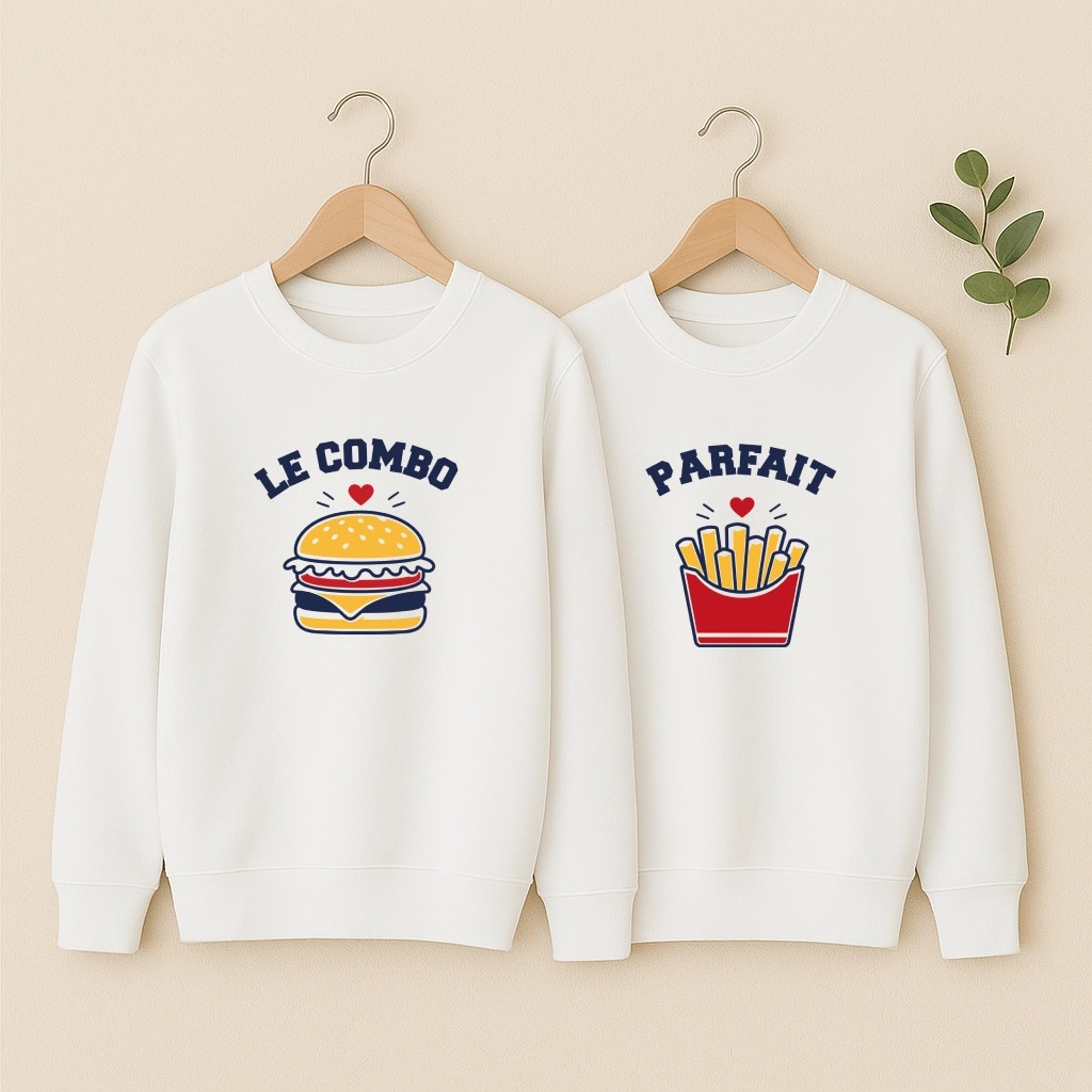 Sweat couple Burger Frites, le combo parfait, duo blanc