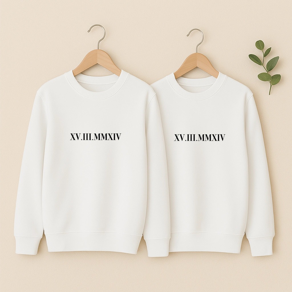 Sweat couple personnalisable date en chiffres romains, duo blanc