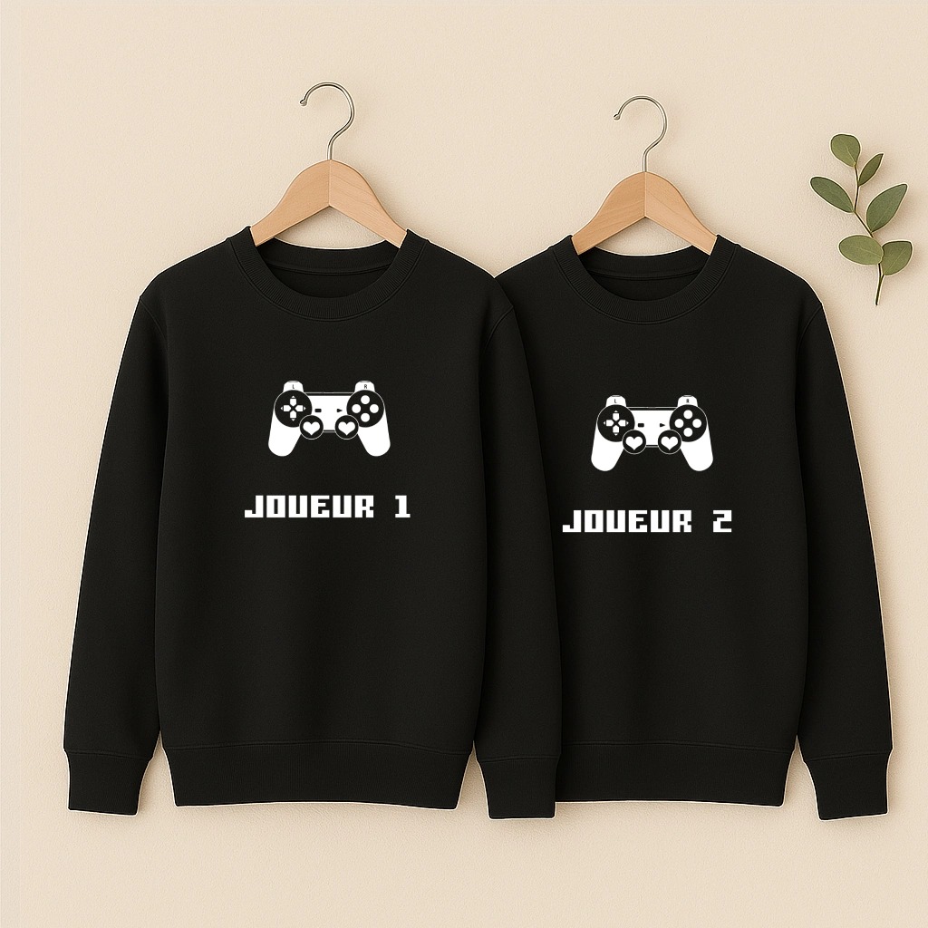 Sweat couple Joueur 1 et Joueur 2, les deux en noir