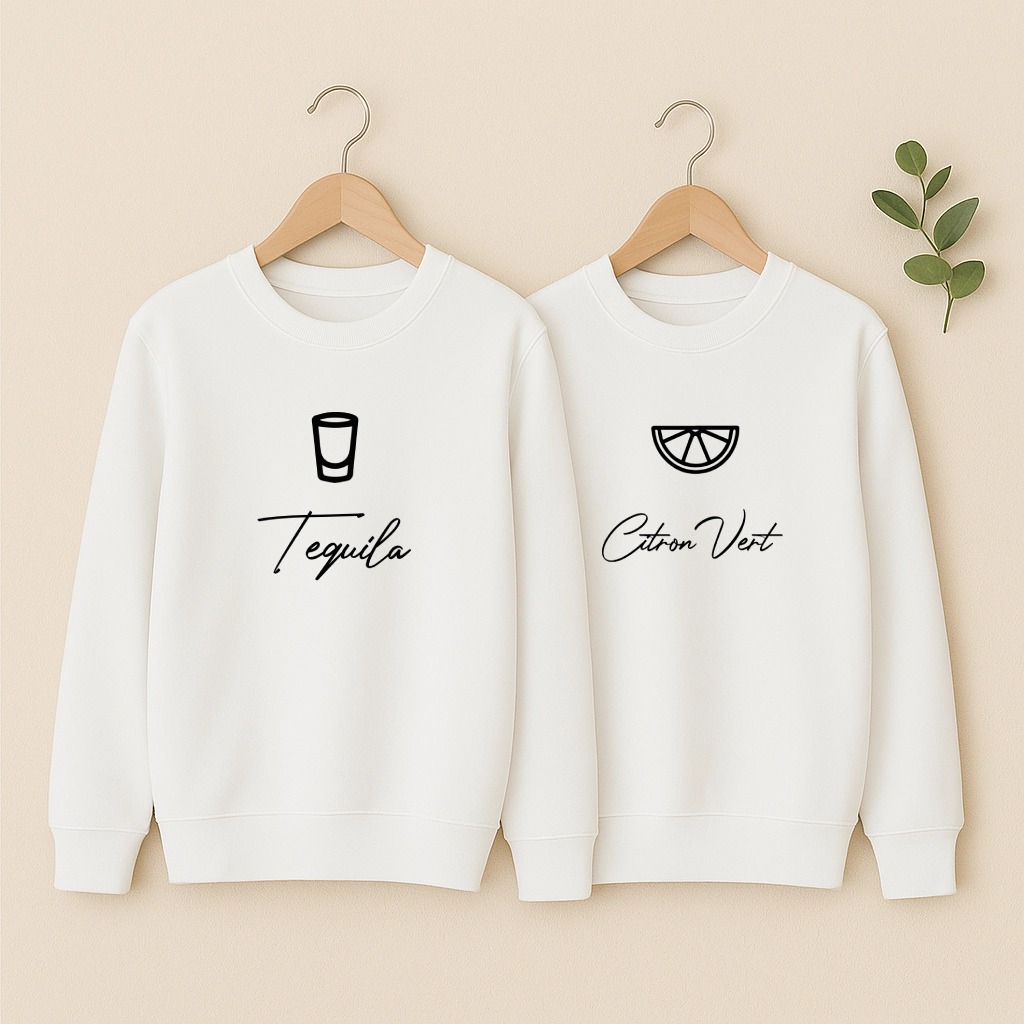 Sweat couple Tequila et Citron vert, les deux en blanc
