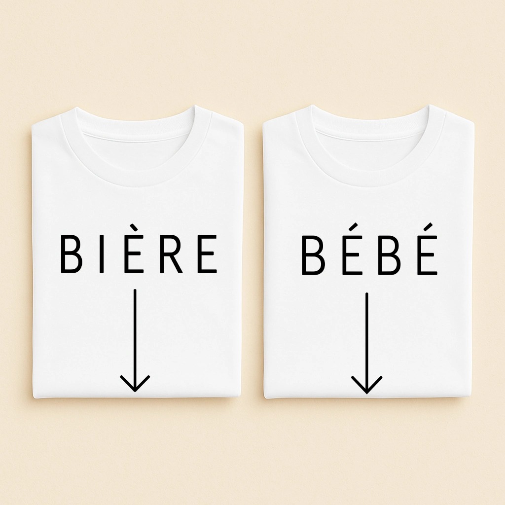 T-shirt couple Bébé et Bière, les deux en blanc