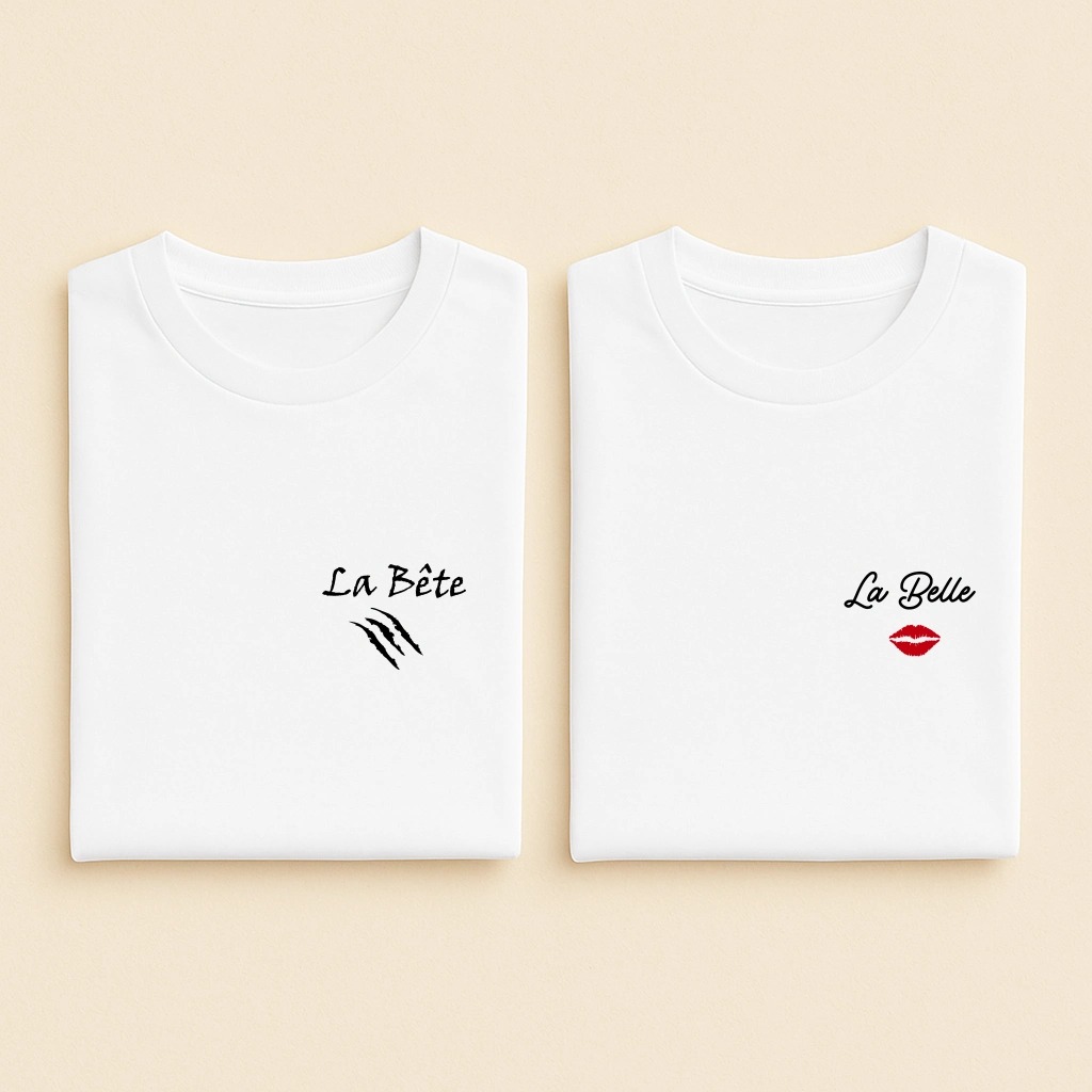 T-shirt couple La Belle et la Bête, les deux en blanc