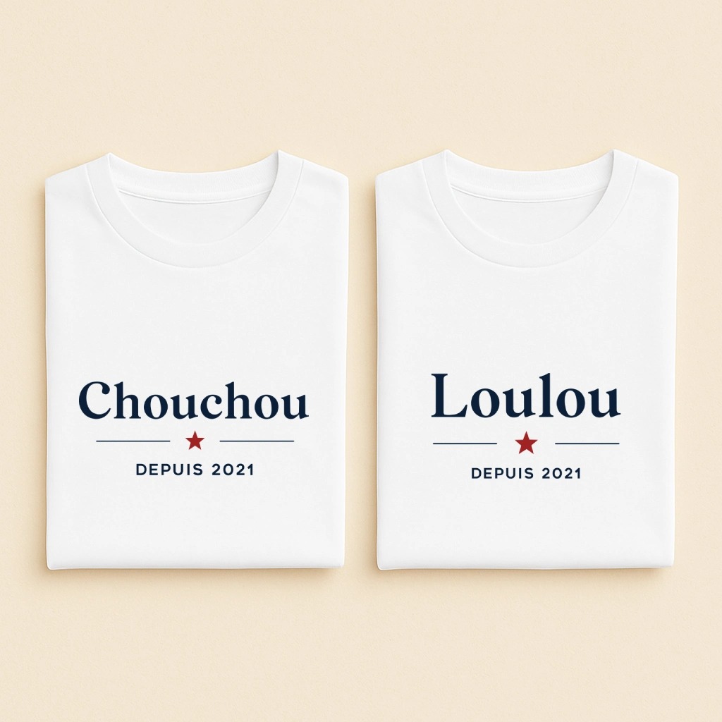 T-shirt couple Chouchou et Loulou, les deux en blanc