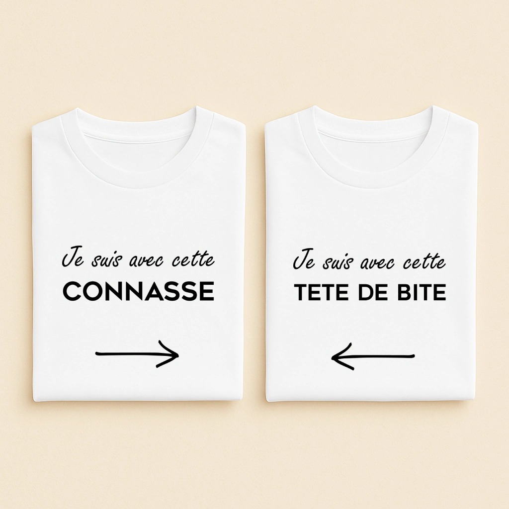 T-shirt couple connasse et tête de bite, les deux en blanc