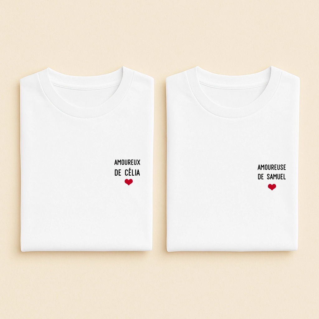 T-shirt couple personnalisable Amoureux Amoureuse, duo blanc