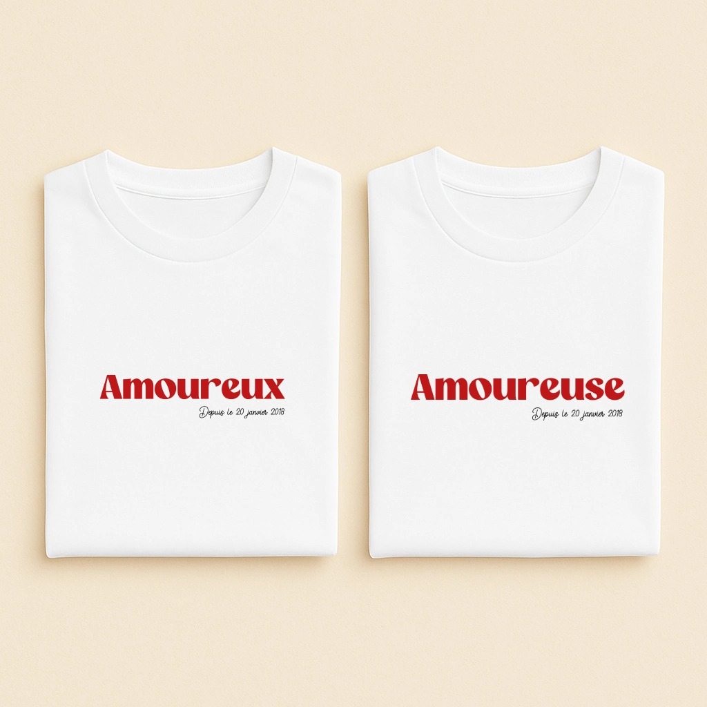 T-shirt couple personnalisable Amoureux Amoureuse depuis, duo blanc