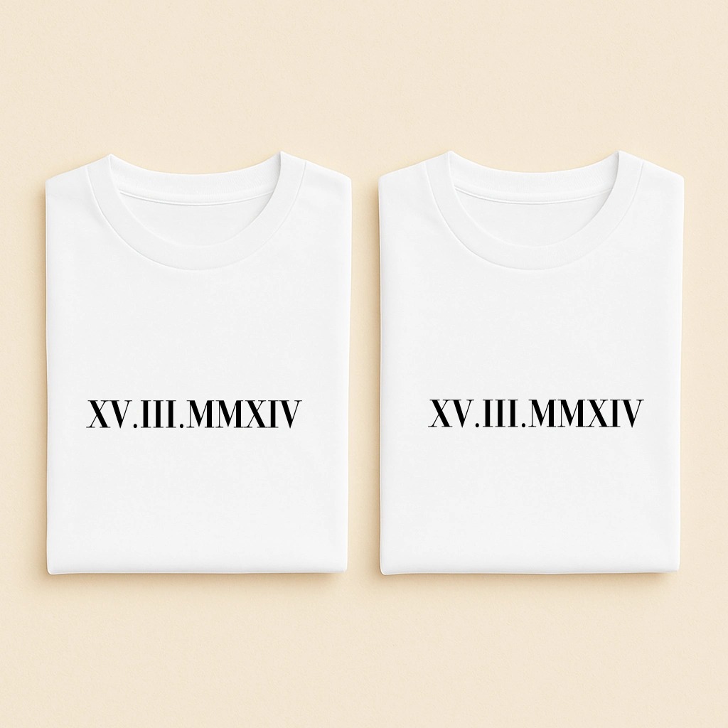 T-shirt couple personnalisable date en chiffres romains, duo blanc