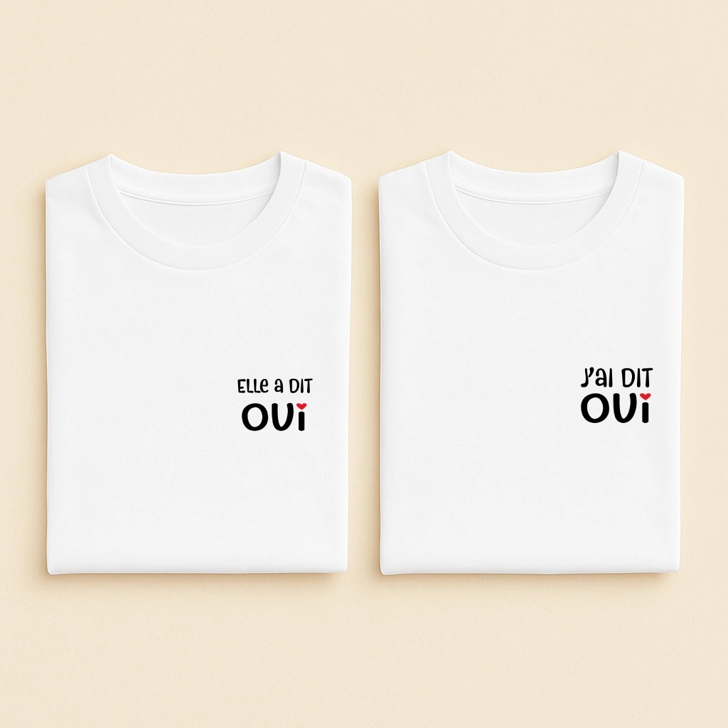 T-shirt couple Elle a dit oui et J'ai dit oui, les deux en blanc