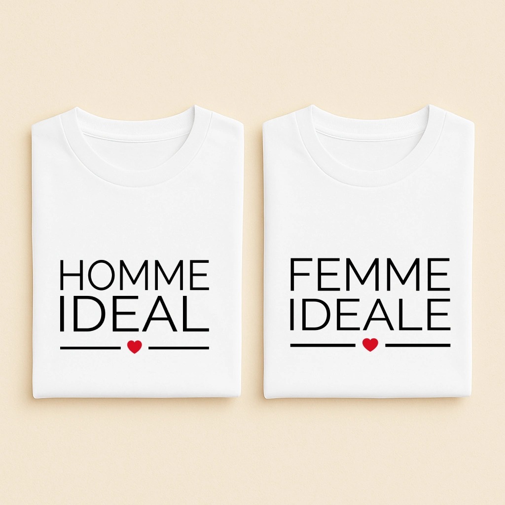 T-shirt couple Homme idéal et Femme idéale, les deux en blanc