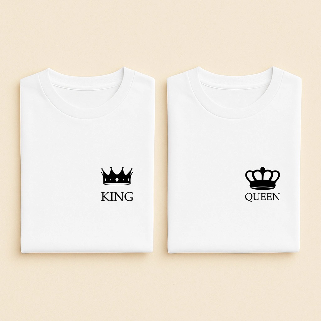 T-shirt couple King et Queen côté cœur, les deux en blanc