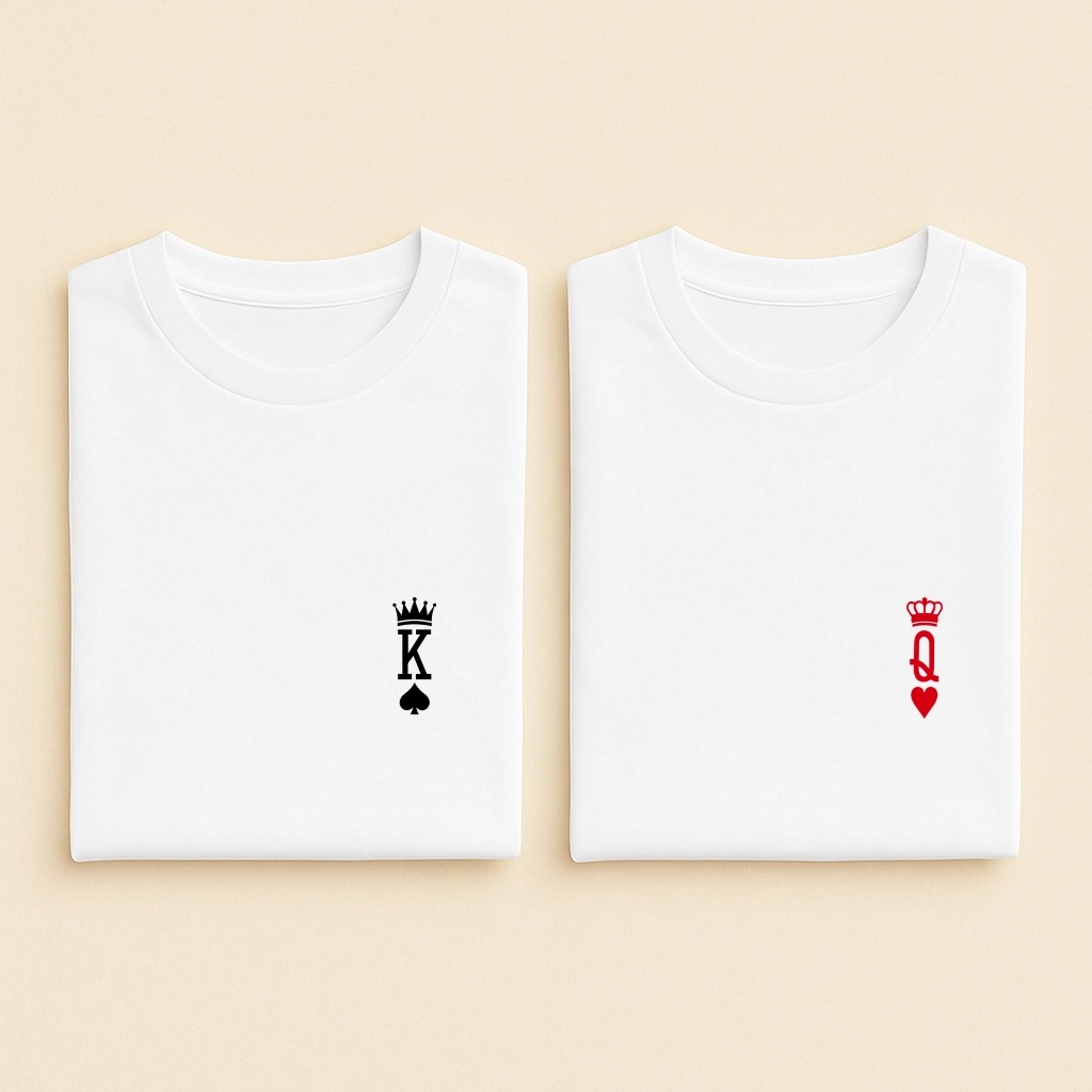 T-shirt couple K et Q cartes côté cœur, les deux en blanc