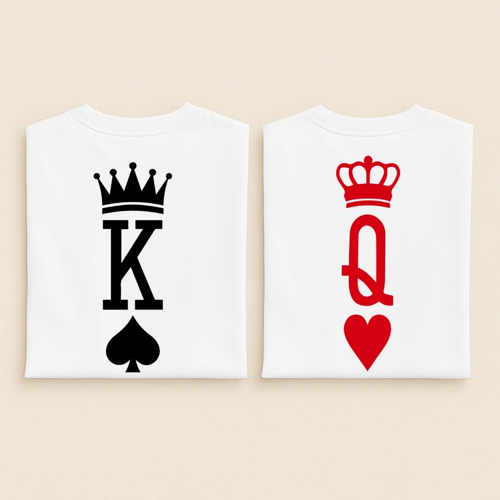 T-shirt couple Roi de pique et Reine de cœur, les deux en blanc