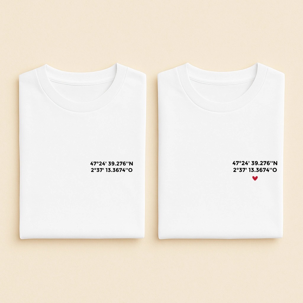T-shirt couple coordonnées latitude longitude, les deux en blanc