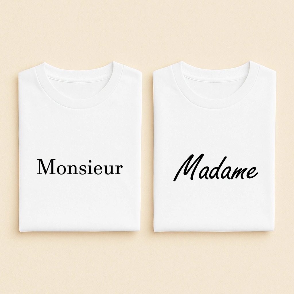 T-shirt couple Madame et Monsieur, les deux en blanc