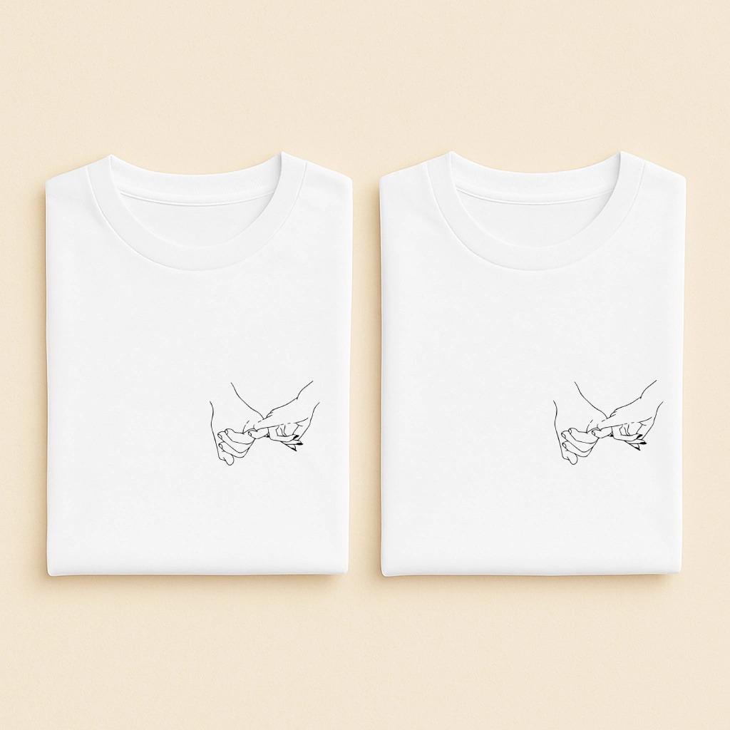 T-shirt couple mains enlacées, les deux en blanc