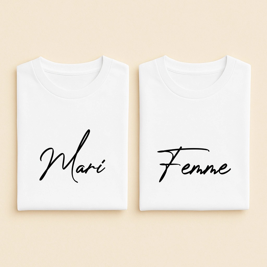 T-shirt couple Mari et Femme, les deux en blanc