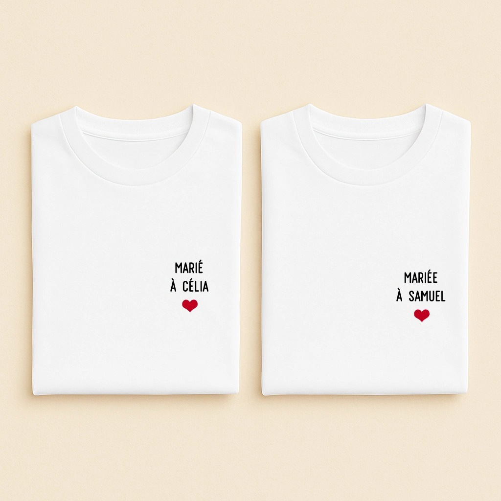 T-shirt couple Marié et Mariée à prénom, les deux en blanc
