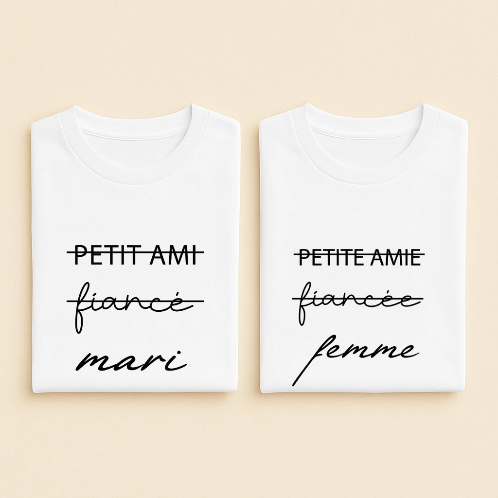 T-shirt couple Mari et Femme, les deux en blanc