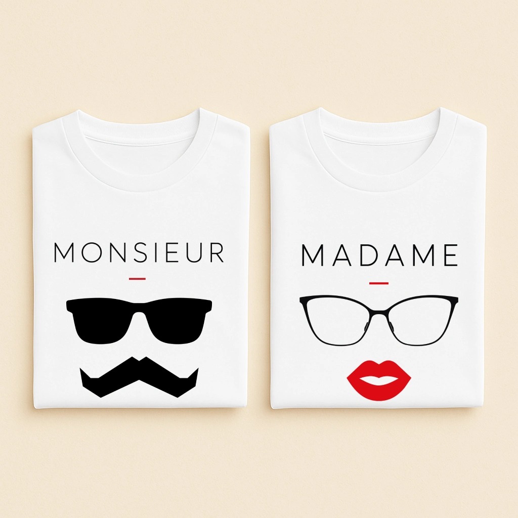 T-shirt couple Monsieur et Madame, les deux en blanc