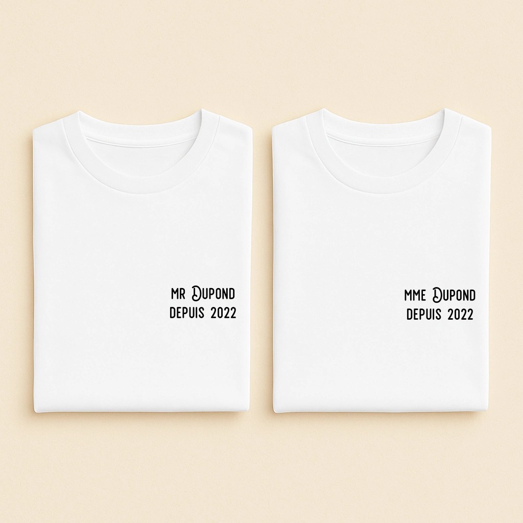 T-shirt couple Mr et Mme Depuis année, les deux en blanc