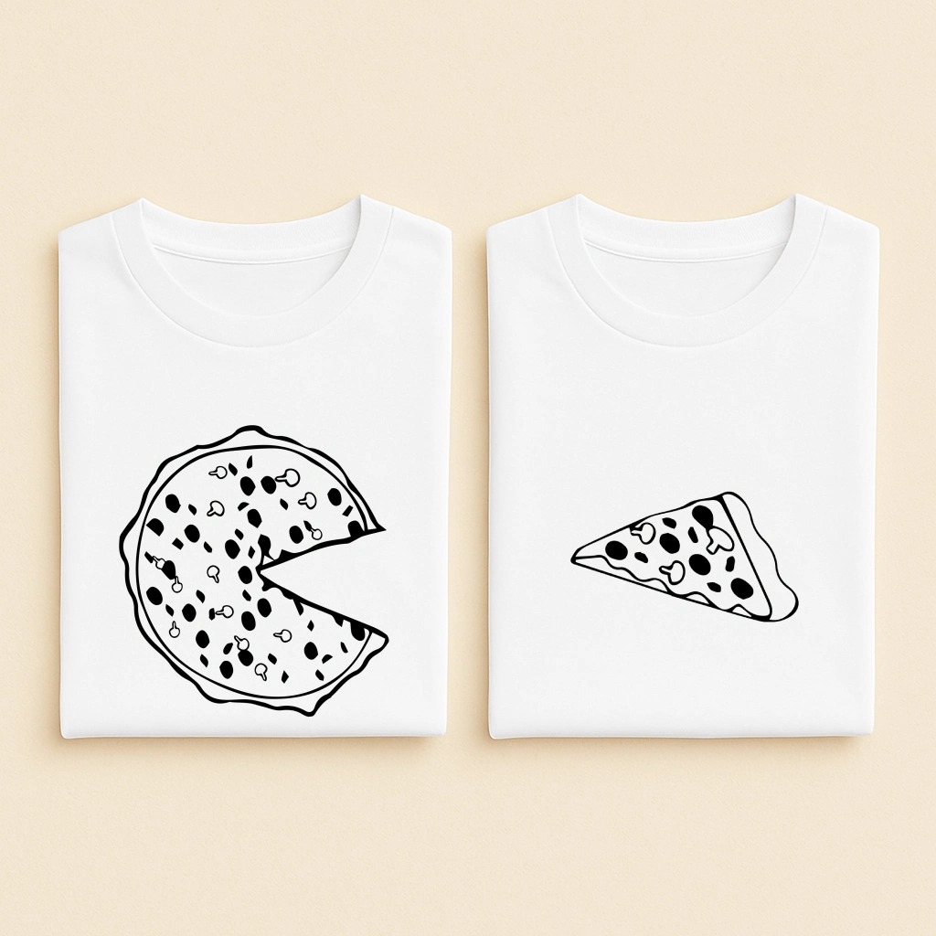 T-shirt couple pizza et part de pizza, les deux en blanc