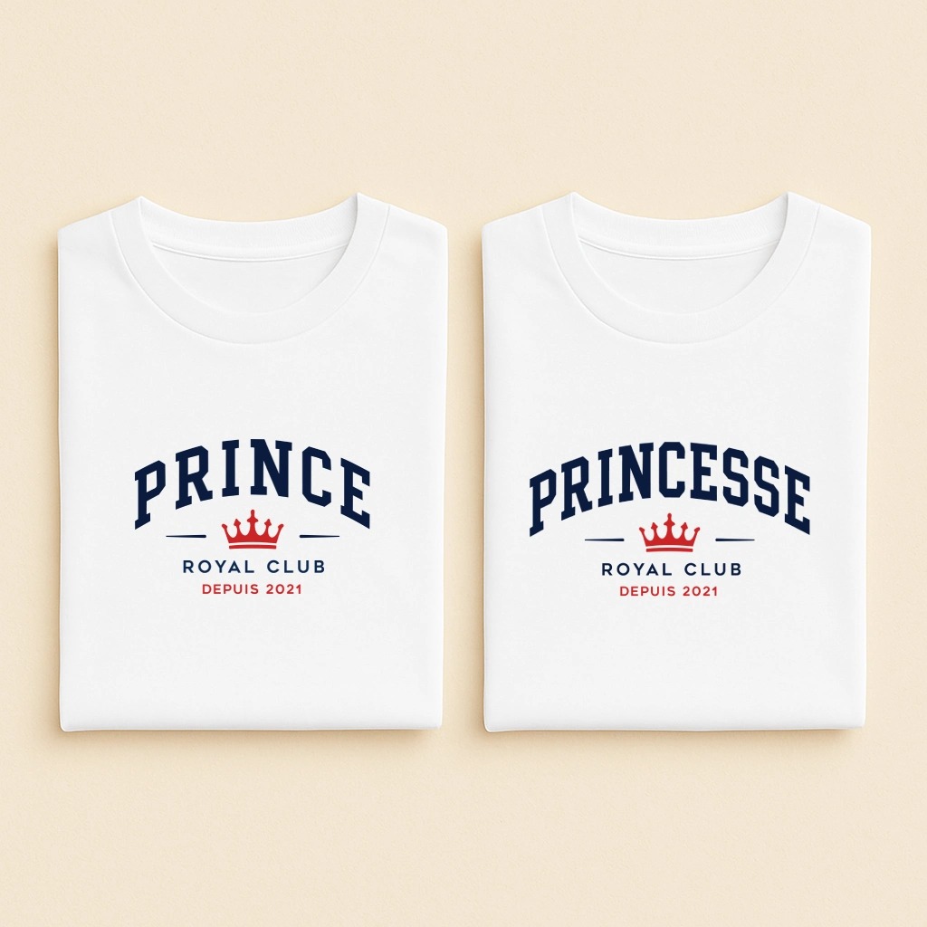 T-shirt couple Prince et Princesse Royal Club, les deux en blanc