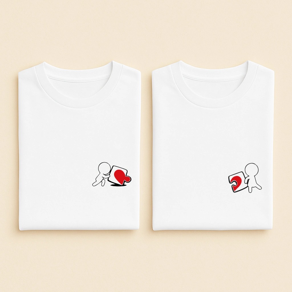 T-shirt couple puzzle cœur côté cœur, les deux en blanc