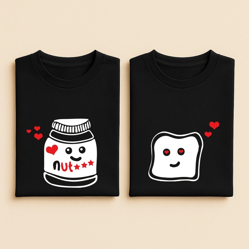 T-shirt couple pot de pâte à tartiner et tartine, les deux en noir