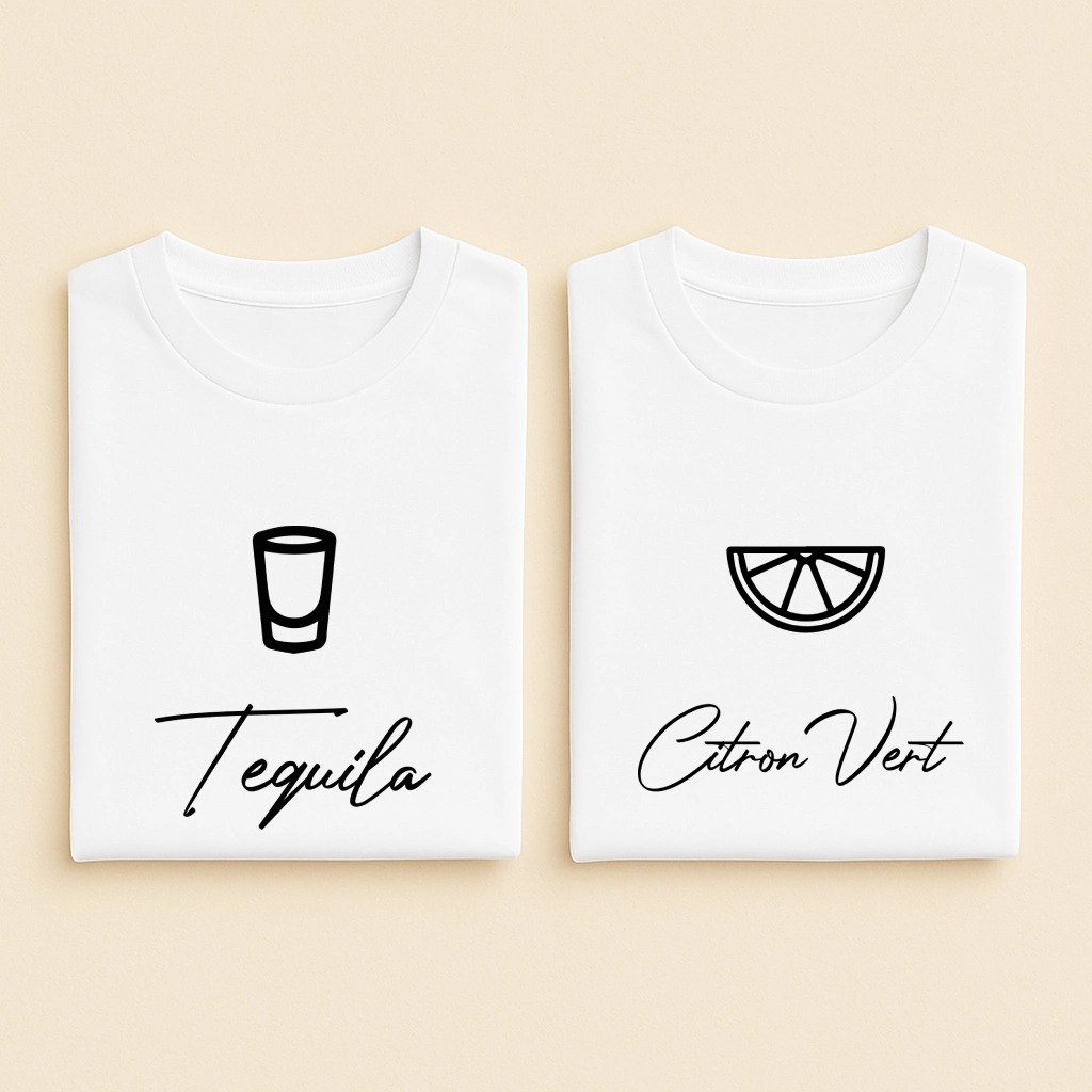 T-shirt couple Tequila et Citron vert, les deux en blanc