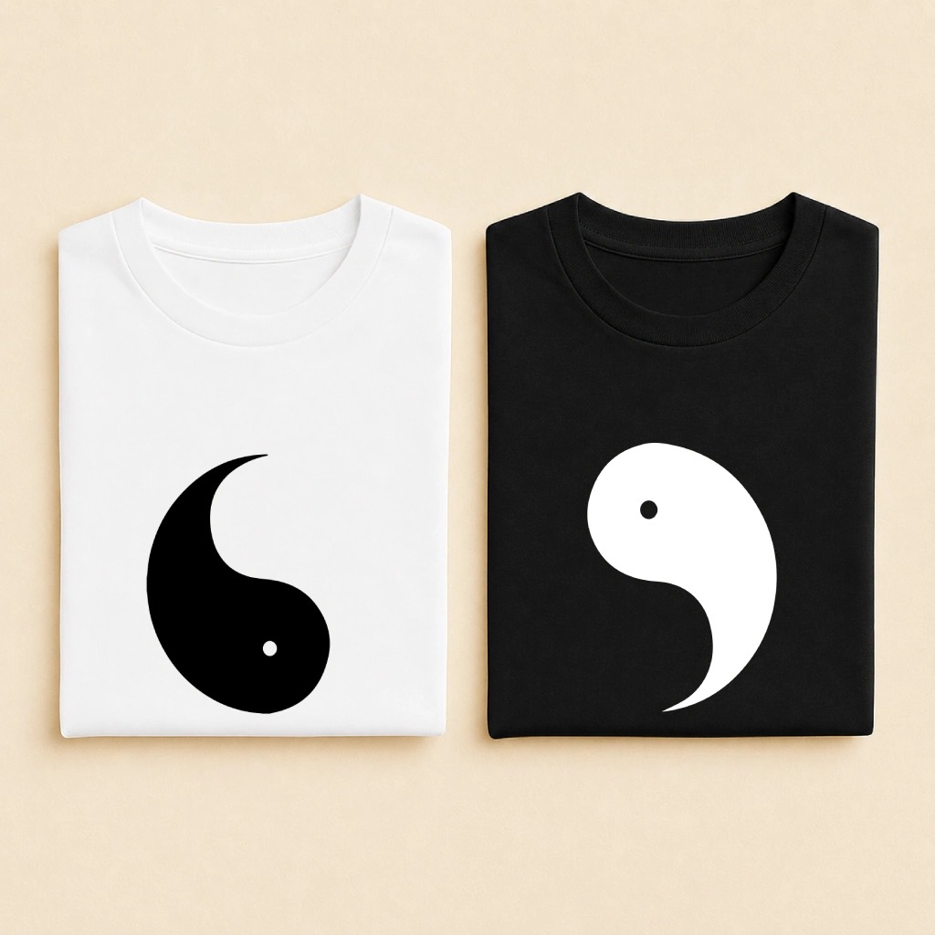 T-shirt couple Yin Yang, blanc et noir assemblés