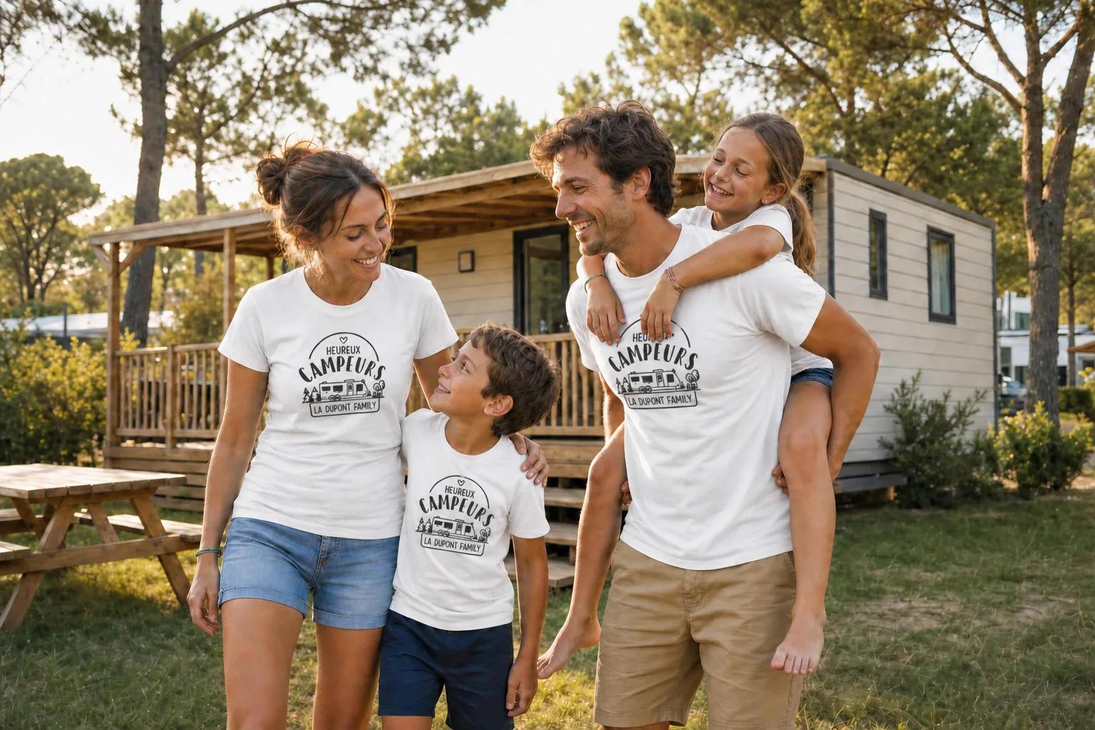 Famille en t-shirts assortis Heureux Campeurs devant un mobil-home en Espagne - Assortis Moi