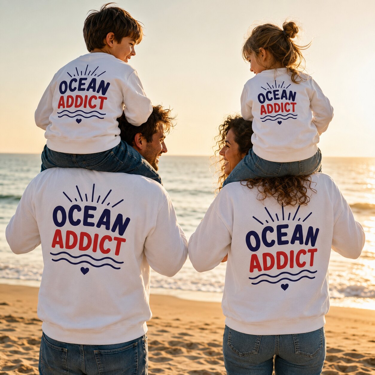 Pull famille assorti Ocean Addict porté en situation