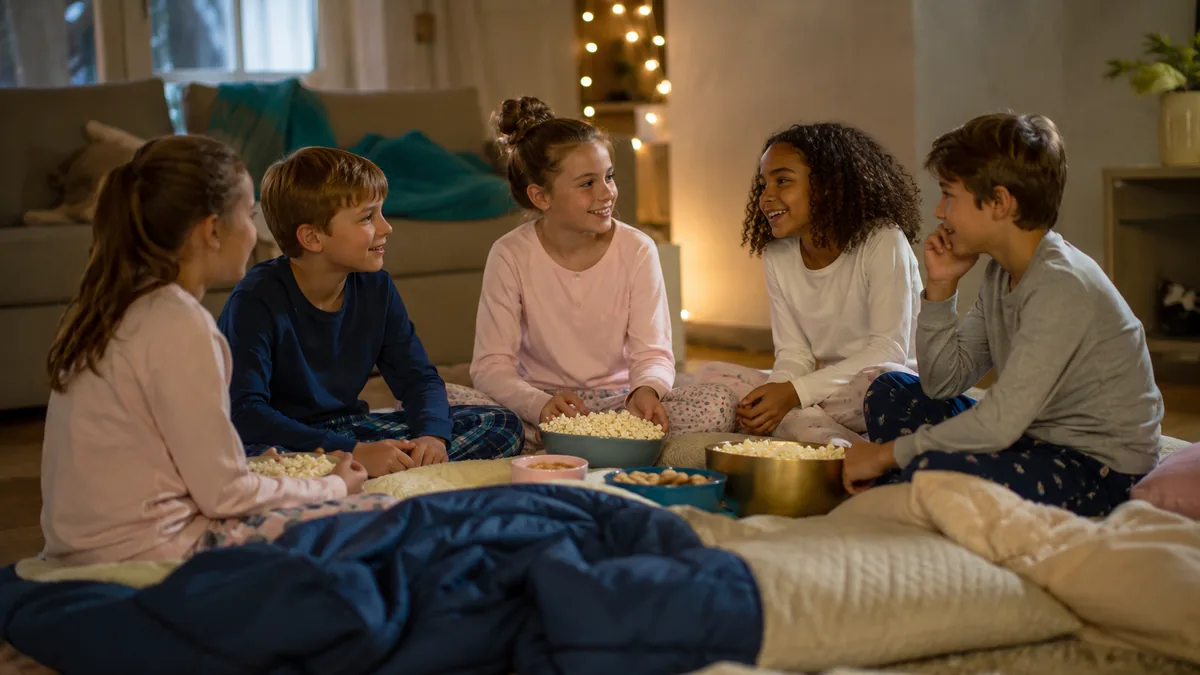 Enfants en pyjama assis au sol autour de bols de pop-corn pendant une soirée pyjama - Assortis Moi