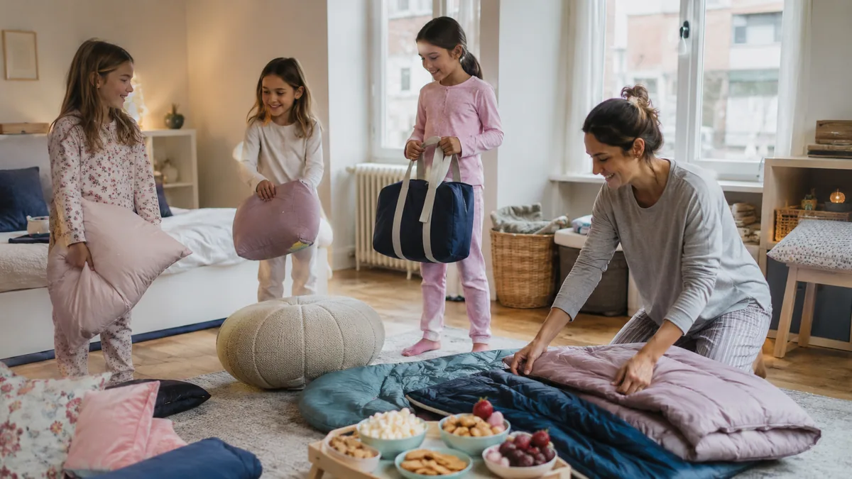 Mère dépliant les sacs de couchage au sol pendant que les enfants apportent oreillers et sac pour une soirée pyjama - Assortis Moi