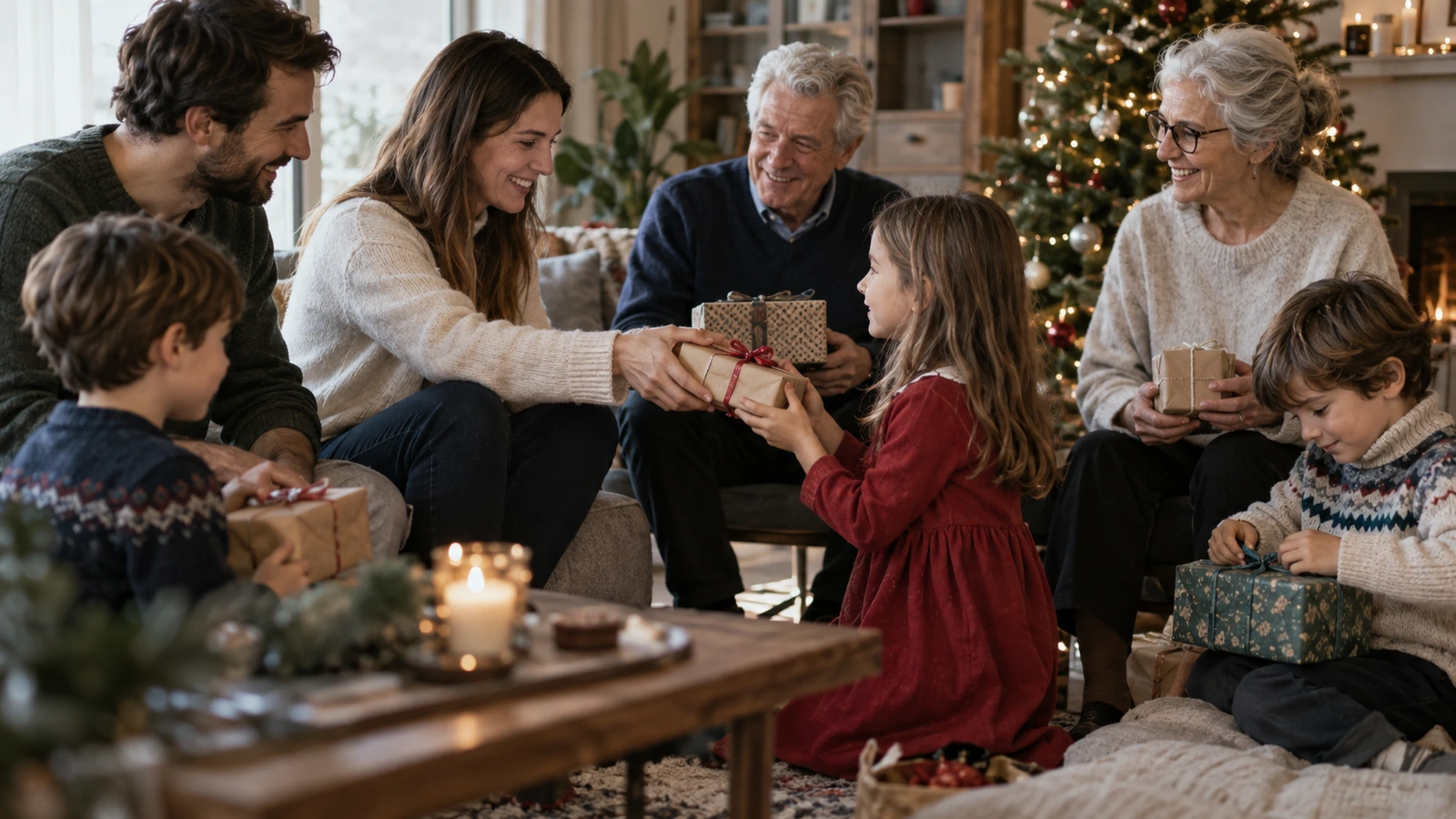 Une famille de trois générations s'offre des cadeaux devant le sapin de Noël