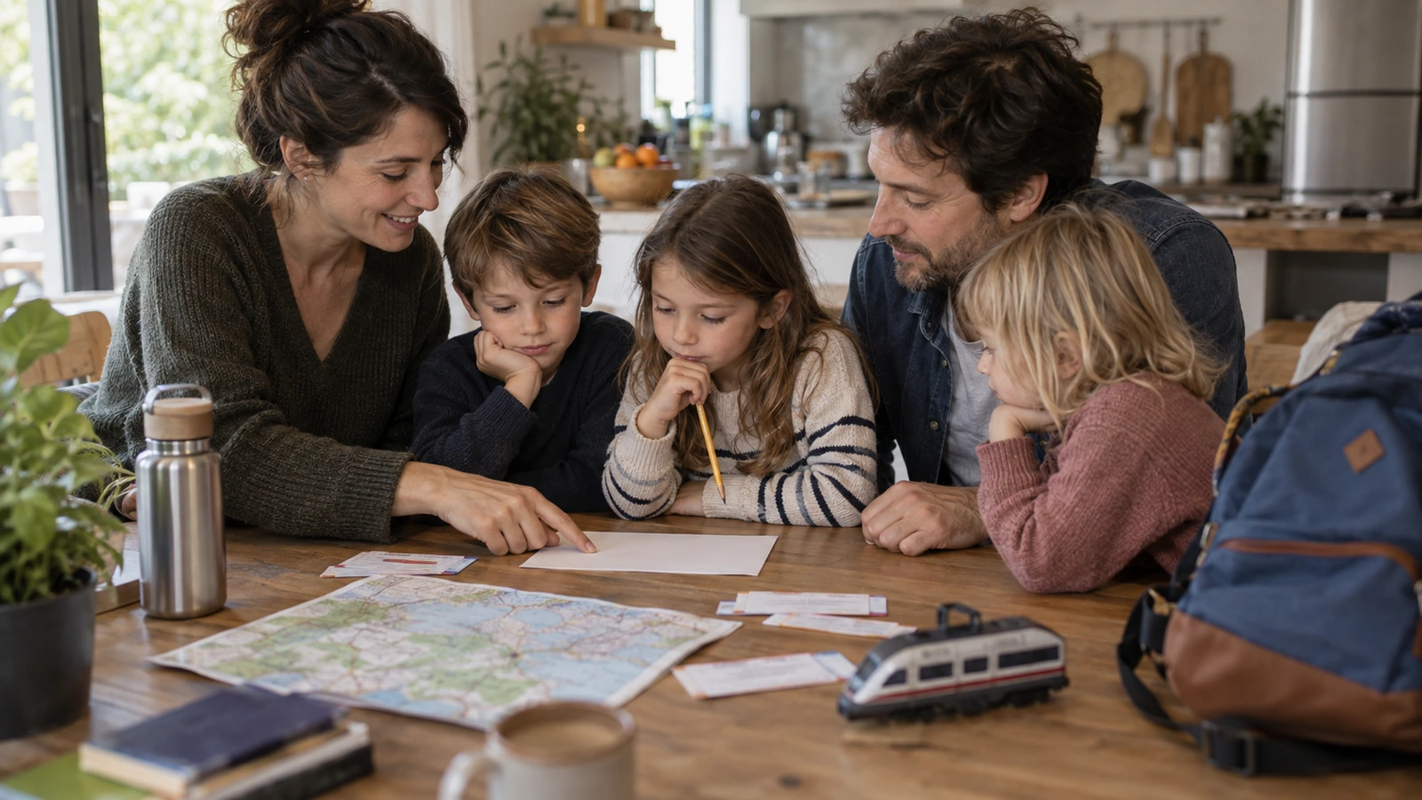 Des parents et leurs trois enfants penchés sur une carte routière et des billets de train