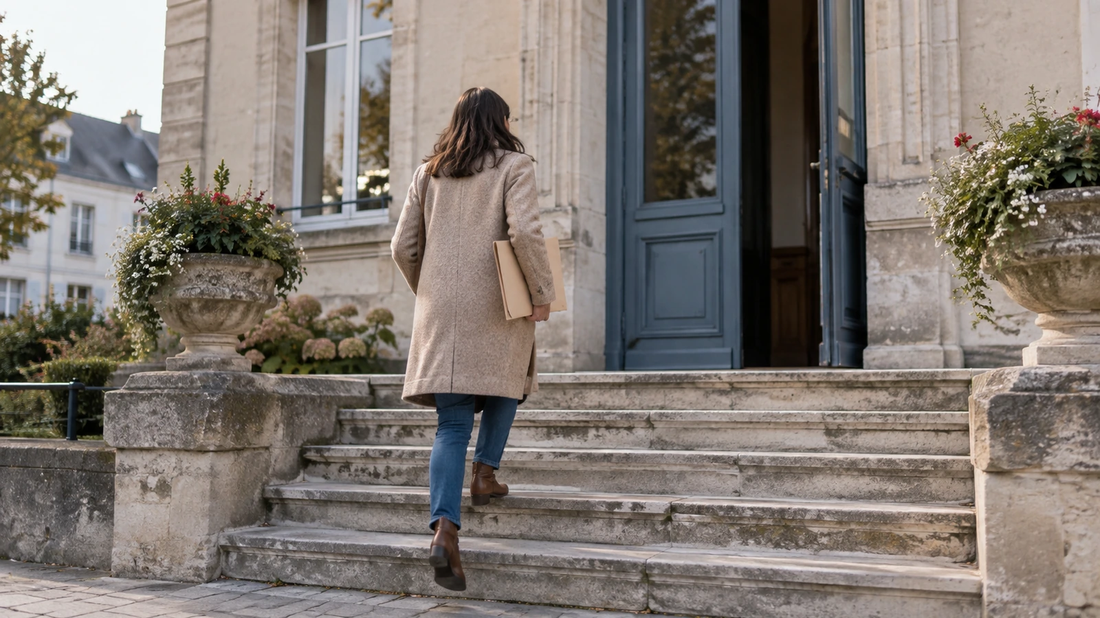 Une femme monte les marches d'une mairie, un dossier sous le bras