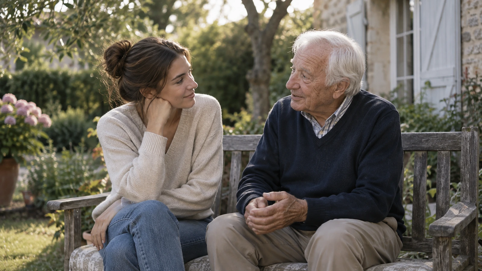 Une jeune femme et son grand-père discutent assis sur un banc de jardin