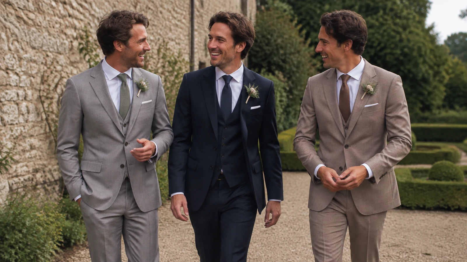 Marié en costume bleu marine avec deux témoins en costumes gris et taupe