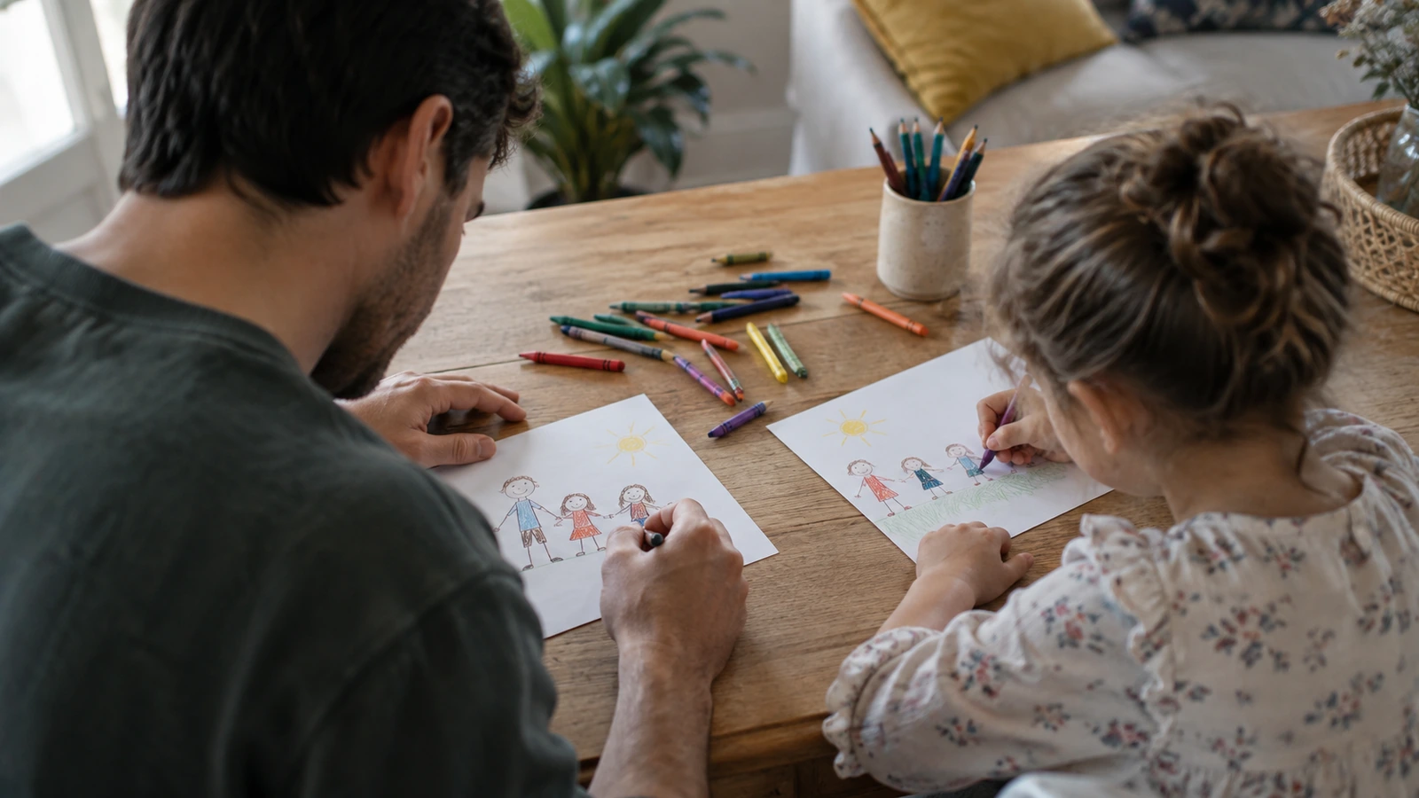 Un père et sa fille dessinent chacun leur famille aux crayons de couleur