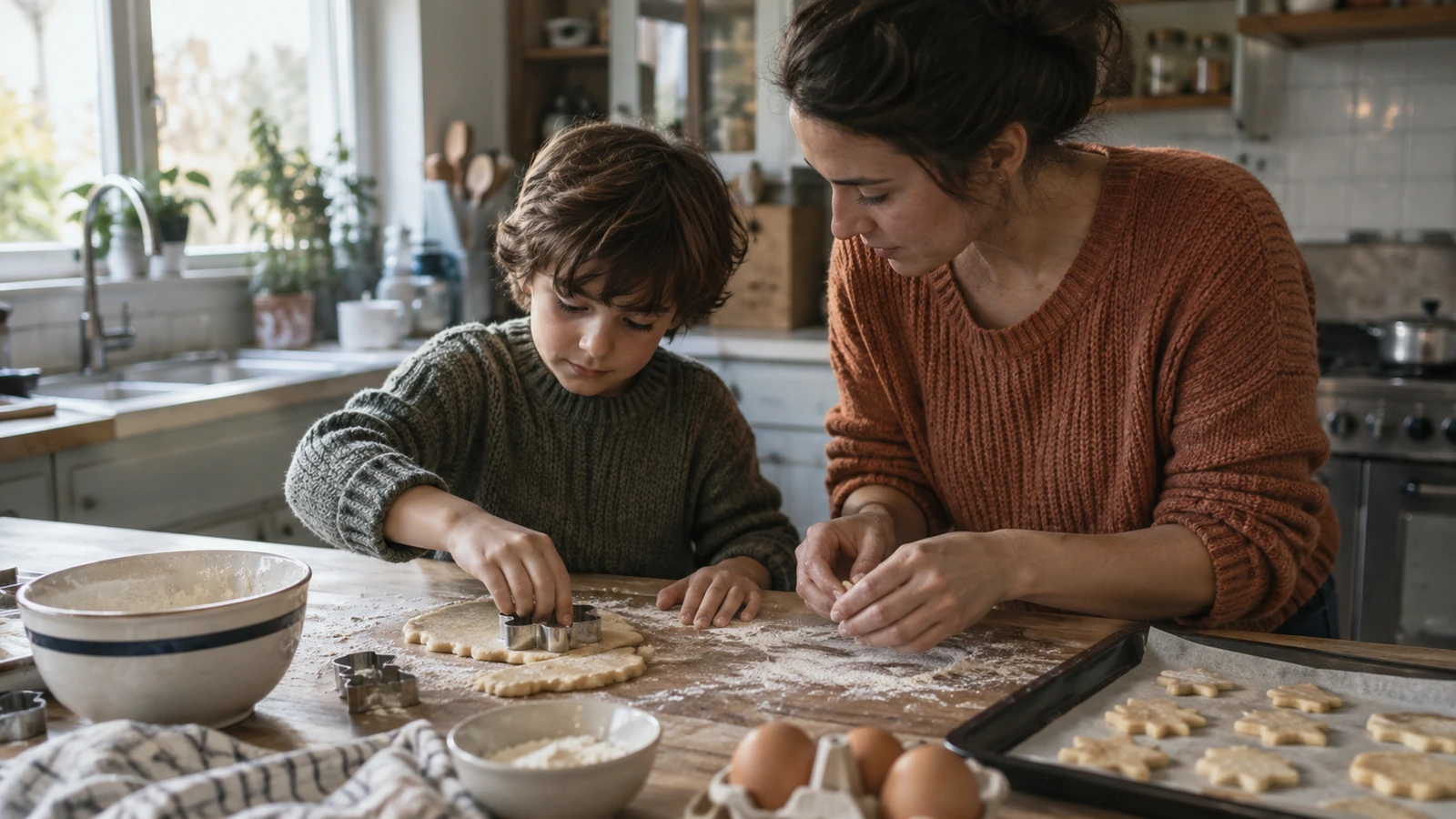 Une femme et un garçon découpent des biscuits à l'emporte-pièce dans une cuisine