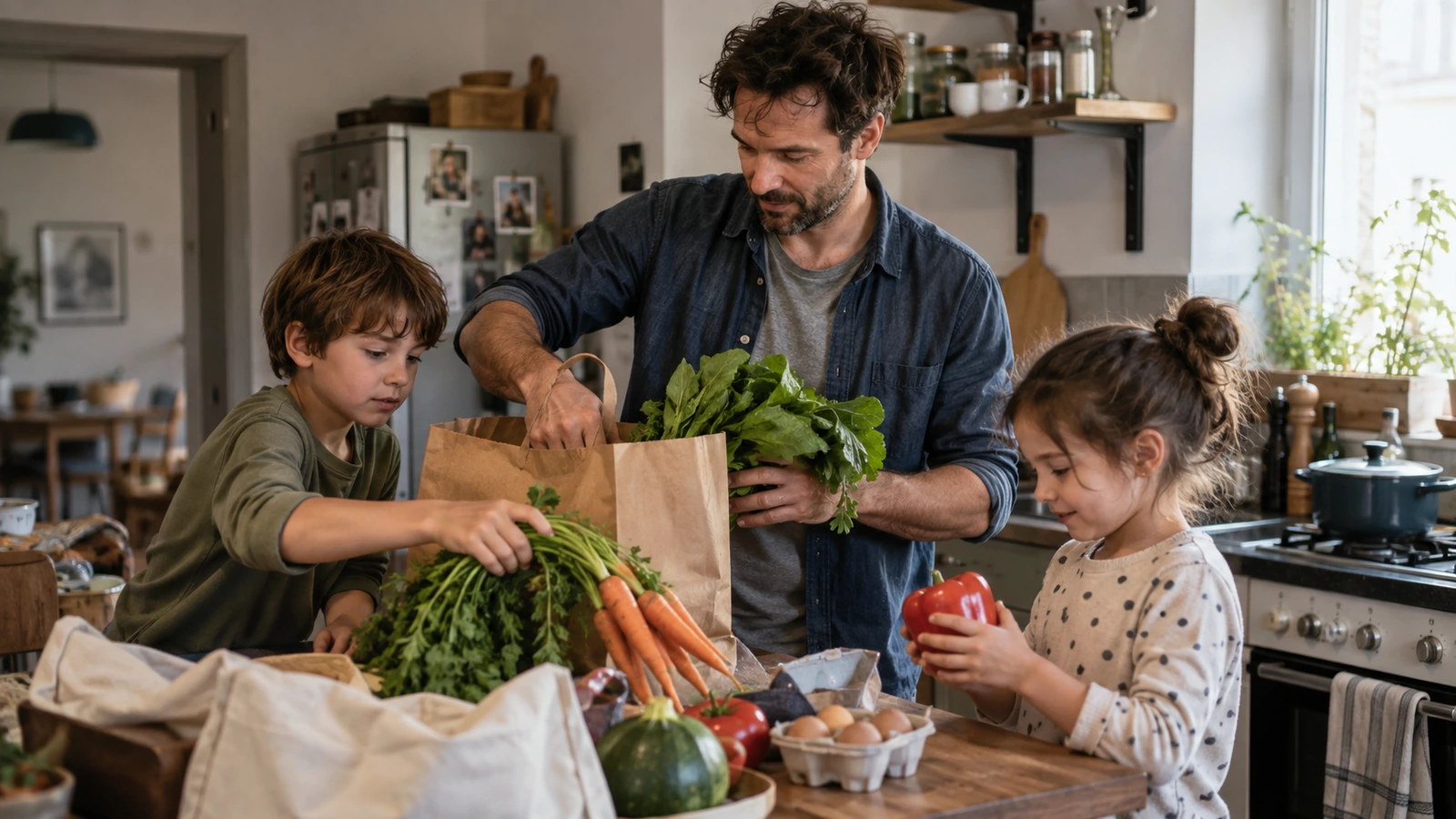 Un père et ses deux enfants rangent les courses dans la cuisine