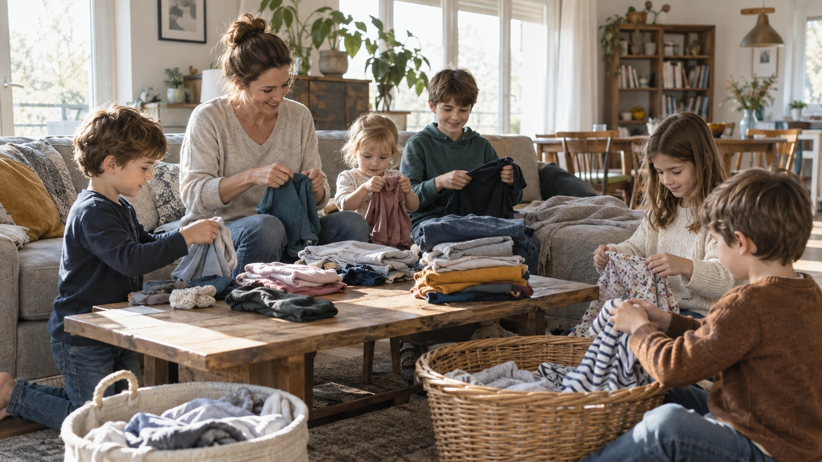 Une mère et cinq enfants trient et plient du linge ensemble dans le salon