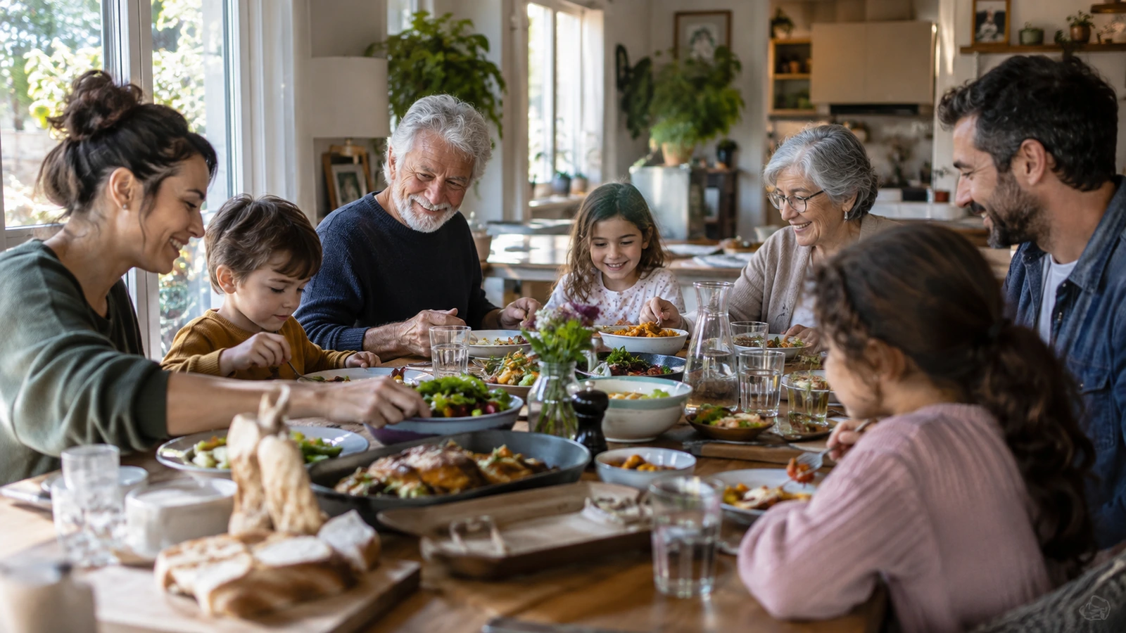 Trois générations partagent un repas autour d'une grande table